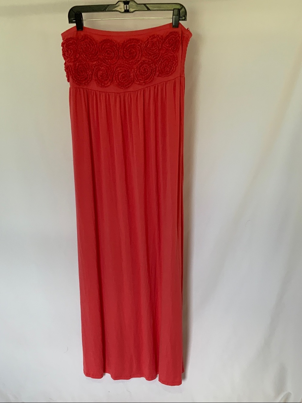 Strapless Red Maxi Dress with Rosette Bodice